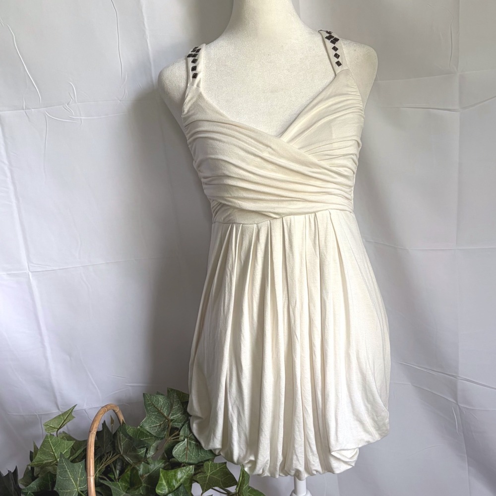 Y2K Sleaze Club XXI Forever 21 Cream Bubble Hem Mini Dress Studded Straps Small